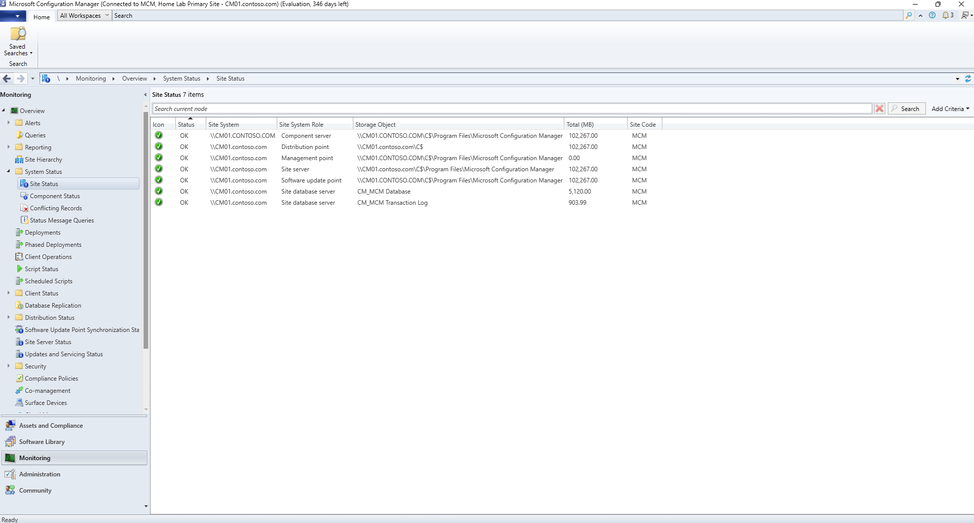 ConfigMgr console showing Site Status with seven site systems reporting OK