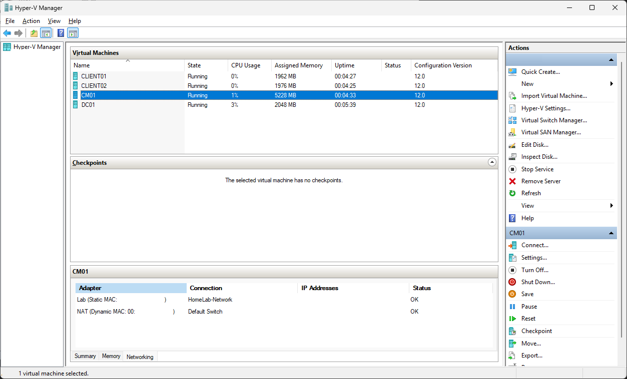 Hyper-V Manager showing DC01, CM01, CLIENT01 and CLIENT02 running